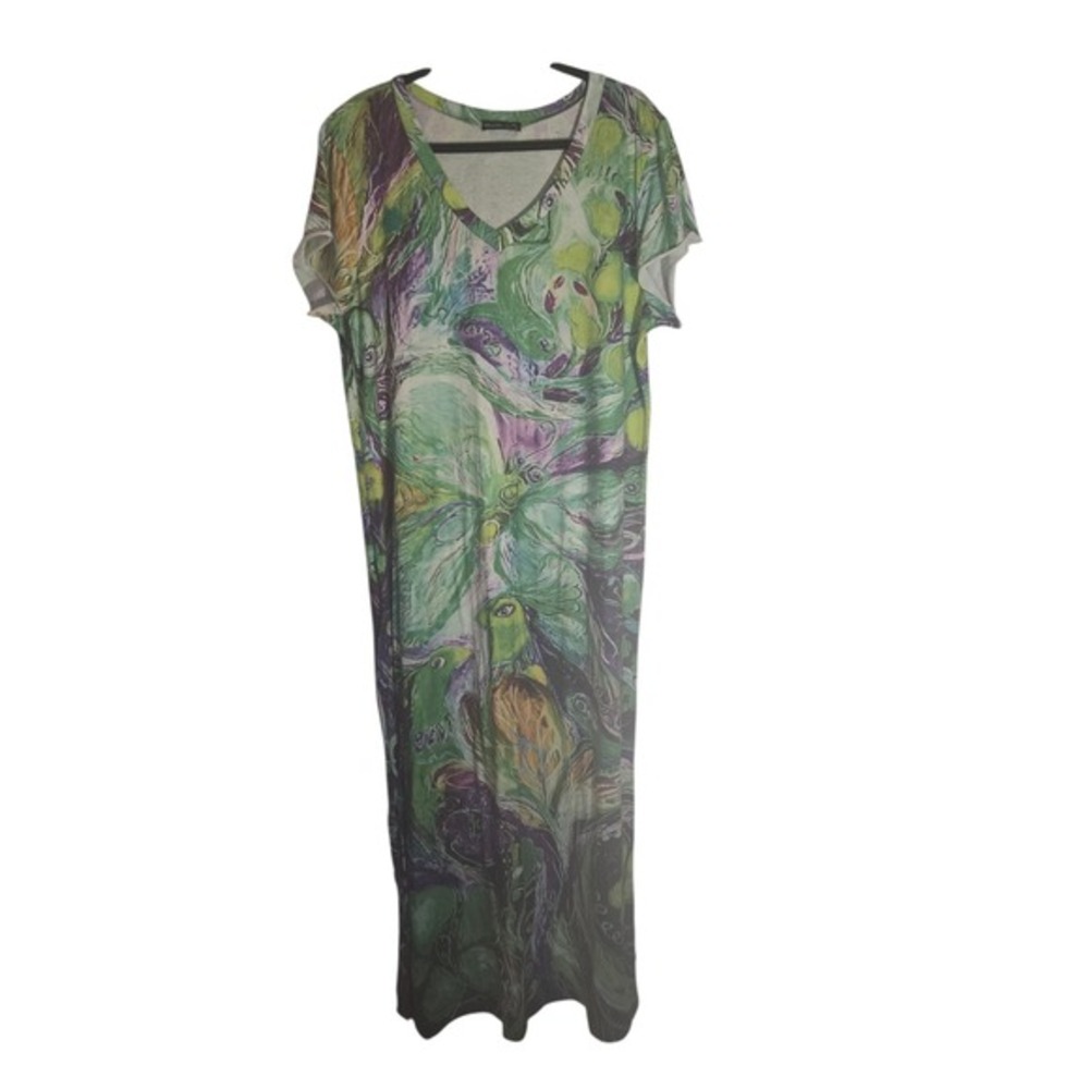 Noracora Women 3XL Green Purple Abstract Art Print VNeck Short Sleeve Maxi Dress